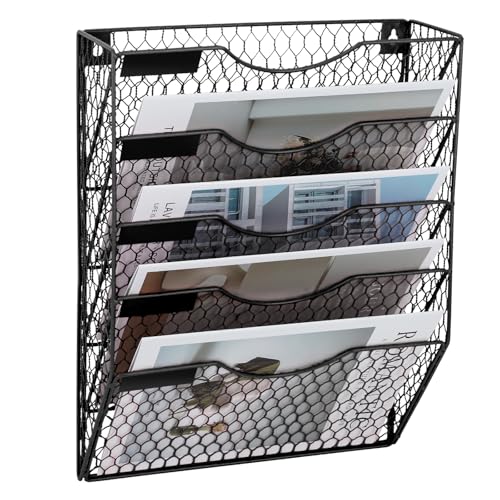 EASEPRES Mail Organizer Wall Mount, 5 Tier Metal Chicken Wire Hanging File Holder Office Storage and Organization - color: Black, size: 5 Tier
