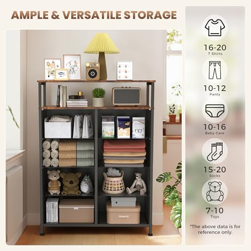 DUMOS Fabric Dresser for Bedroom with 8 Drawers, Tall 8-Drawer Chest of Drawers with Raised Shelf, Storage Tower with Fabric Bins for Closet Organization, Hallway Storage, Brown - color: Brown, size: 31.5"D x 45.9"W x 11.8"H (8 Drawers)