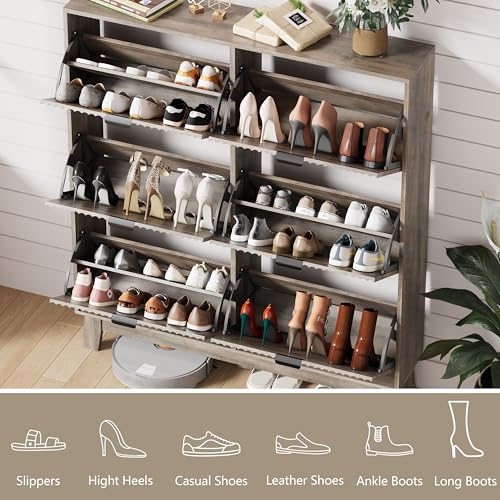 HUANLEGO Shoe Cabinet Storage for Entryway with 6 Flip Drawers, Fluted Narrow Shoe Organizer with Wooden Legs, Freestanding Slim Shoe Storage Hidden Shoe Rack Organizer for Front Door Entrance, Grey - color: Grey, size: 6 Drawer