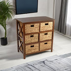 eHemco 3 Tier X-Side End Storage Cabinet with 6 Wicker Baskets, Walnut - color: Walnut, size: 15.5"D x 29.3"W x 30"H (6 Drawers)