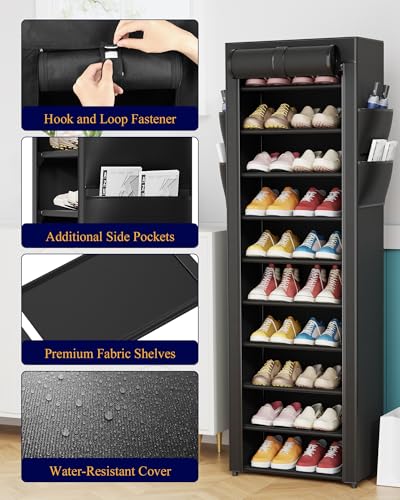 Kitsure Shoe Rack - 10-Tier Large Capacity Shoe Organizer Shelf with Dust Cover & Side Pockets, Rust-Proof Metal Shoe Rack for Closet, Entrance, Living Room, 17.5" x 12.4" x 69.3", Black - color: Black, size: 17.5" x 12.4" x 69.3"