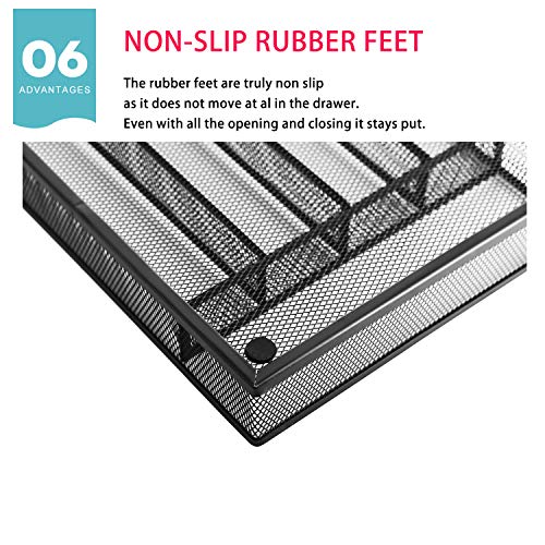 JANE EYRE Utensil Drawer Organizer, Cutlery Tray Silverware Flatware Storage Divider for Kitchen, Mesh Wire with Non-slip Foam Feet, 5 Component, Black - color: Black