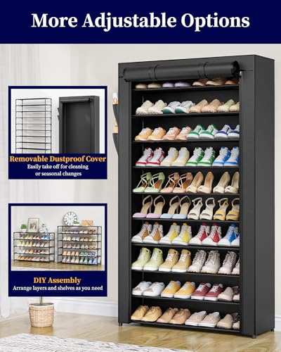 Kitsure Shoe Rack - 10-Tier Large Capacity Shoe Organizer Shelf with Dust Cover & Side Pockets, Rust-Proof Metal Shoe Rack for Closet, Entrance, Living Room, 33.6" x 12.4" x 69.3", Black - color: Black, size: 33.6" x 12.4" x 69.3"