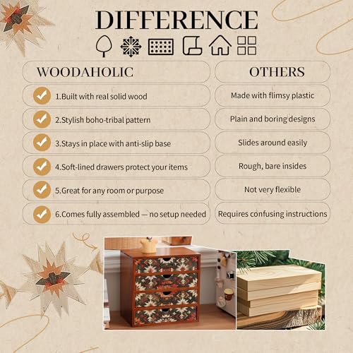 Boho Green Wooden Desk Organizer with Drawers – 4-Drawer Desktop Storage Box – Rustic Tribal Wood Desk Organizer for Office, Vanity, or Craft Supplies – Compact & Stylish Wooden Storage Drawers - color: Dark Tribal Boho