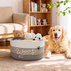 Woof Dog Toy Basket with Handles, Large Dog Toy Storage Bin with Paw Print, Woven Dog Basket for Blankets, Toys, Chews, Pet Toy Box for Nursery, Living Room, Bedroom, 17”x12”x9, Brown - color: Brown