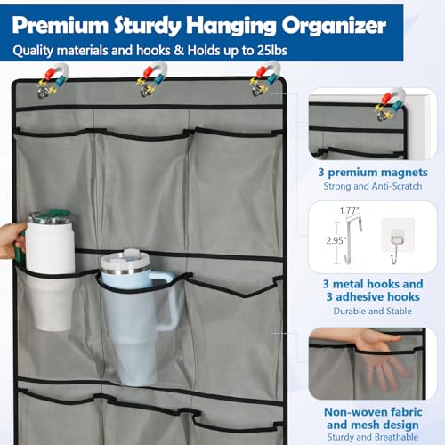 Over The Door Cruise Ship Organizer - Cruise Ship Magnetic Door Organizer with 15 Size-Graded Pockets, Hanging Magnetic Cruise Storage Shoe Rack for Cabin, 2025 Cruise Essential, 9 Hooks(Grey) - color: grey