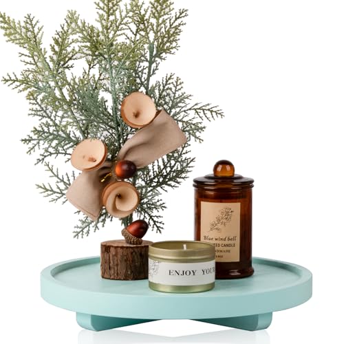 Round Decorative Tray Wood Bathroom Counter Organizer Farmhouse Kitchen Decor Wooden Riser for Soap Dish, Perfume, Candle, Sponge, 10" - Light Blue - color: Light Blue, size: 10"