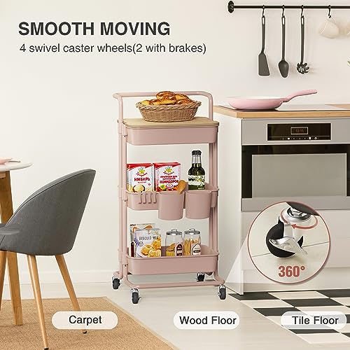 DTK 3 Tier Rolling Utility Cart with Cover Top Board, Movable Kitchen Storage Cart Trolley with Lockable Wheels, Cups, Hooks for Kitchen Bathroom Home Office Art Craft Storage and Organization(Pink) - color: Pink, size: Medium