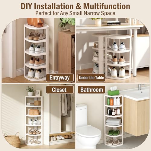 NestOrganix 10 Tier Vertical Shoe Rack, Stackable Narrow Shoe Rack Organizer for Entryway Closet Corner, Free Standing Shoe Rack Tower Shelf, Space Saving, Curved, Off White