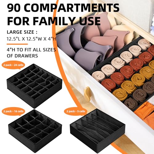 Criusia 6 Pack Sock Underwear Drawer Organizer Dividers - Dresser Organizer for Baby Clothes - Closet Organizers and Storage for Bedroom Essentials for Dorm Room/New Home/Apartment (Black) - color: Black, size: 6 Pack & 90 Cells Full Set