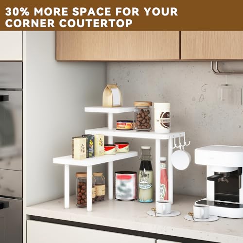 IBUYKE Countertop Organizer,3-Tier Spice Racks,Kitchen Counter Corner Shelf,4 Side Hooks,Adjustable Countertop Shelf for Kitchen, Bathroom, Coffee Bar, Cabinet, Desk,White,TLJ023W - color: White, size: 1 pack (Improved)
