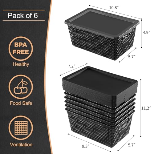 Storage Bins with Lids | Plastic Storage Baskets with Lids for Office Organization,Stackable Organizing Bins with Latching Design, Easy-Clean Boxes for Home, Office, Toys & Classroom Supplies, 6 packs - color: Black