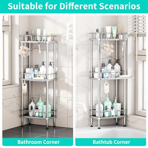 HapiRm Standing Corner Shower Caddy - 3 Tier Corner Shower Organizer with Soap Holder, Rustproof Stainless Steel Bathroom Shelf with 4 Hooks, Silver - color: Silver