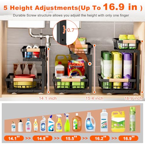 Under Sink Organizer, 2 Pack 2 Tier Under Sink Organizers and Storage, Slide Out Pull Out Cabinet Organizer Shelf, Height Adjustable Metal Drawer for Kitchen Bathroom Closet Organization Rack Black - color: Black