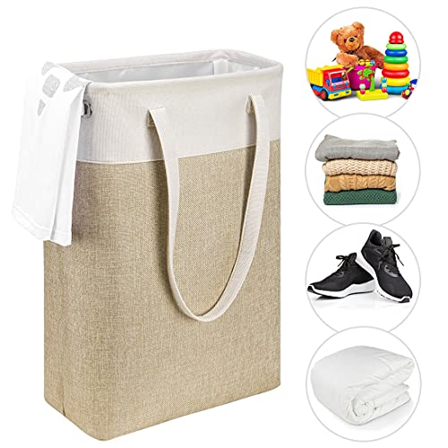 i BKGOO Laundry Basket with Handles Beige&Khaki-Slim Laundry Bin Collapsible Dirty Clothes Basket Narrow Laundry Bag Foldable Dirty Hamper for Camping, Dorms, Apartments - color: Beige&Khaki