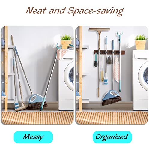 OUTNILI Mop and Broom Holder Wall Mount - Wood Broom Mop Hanger - Wall Mounted Garden Tool Rack Organizer for Closet Garage Laundry Room, Rustic Kitchen Decor With 4 Slots & 4 Hooks - color: Brown-4 Grips, size: 1 Pack