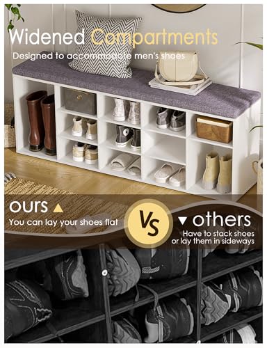 DINZI LVJ Shoe Storage Bench with Cushion, 13-Cubby Shoe Rack, Adjustable Shelves, Multifunctional Shoe Organizer Bench for Entryway, Mudroom, Hallway, Living Room, Bedroom and Garage, White - color: White, size: 13 Cubby
