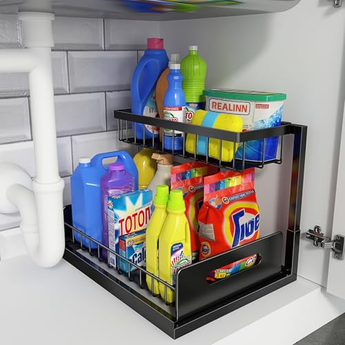 REALINN Under Sink Organizer, Pull Out Cabinet Storage 2 Tier Slide Out Sink Shelf, Kitchen Organizers and Storage, Black, 1 Pack - color: Black, size: 1 Pack