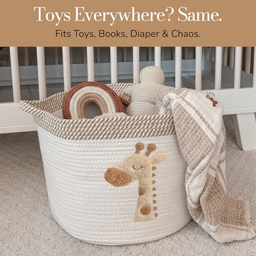 Giraffe Storage Basket for Nursery – Large 15”x11” Cotton Rope Bin with Soft Felt Animal Patch – Toy Organizer, Baby Laundry Hamper, Diaper & Towel Holder – Foldable, Washable & Baby-Safe - color: Giraffe