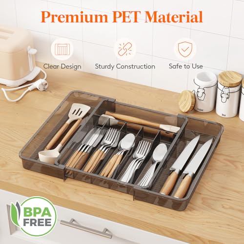 Lifewit Silverware Organizer for Kitchen Drawer, Expandable Utensil Tray for Spoons Forks Knives, Adjustable Flatware Cutlery Holder Storage, Black