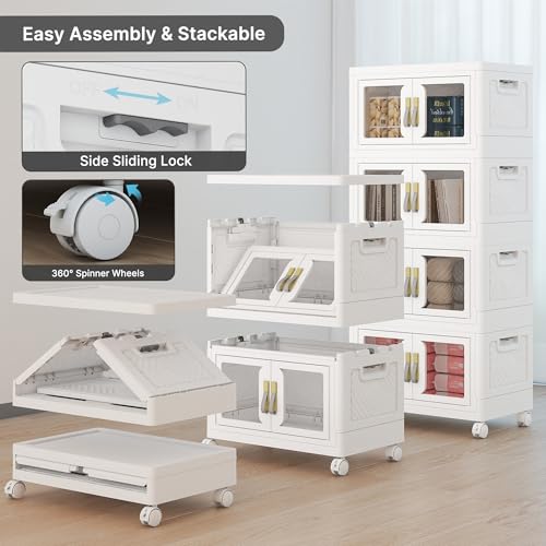 UAMFURI Stackable Storage Bins with Lids, Clear Doors, Large Storage Cabinet Foldable Collapsible Closet Organizers for Bedroom Dorm Office (4, White, 48, Quarts) - color: White
