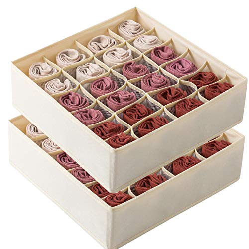 Qozary 2 Pack Socks Underwear Drawer Organizer Divider, 24 Cell or 16 Cell Collapsible Cabinet Closet Organizer Storage Boxes for Clothes, Socks, Lingerie, Underwear, Ties - color: Beige, size: 24 Cells