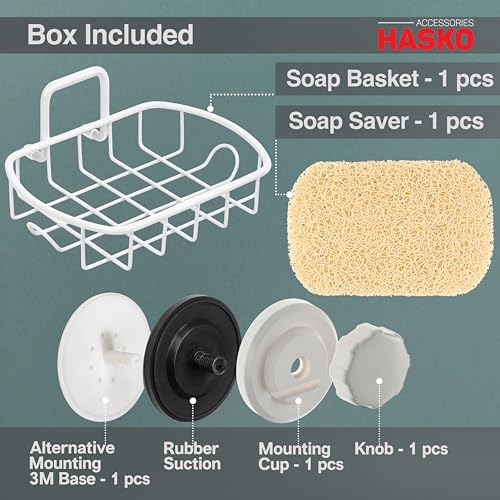 HASKO Suction Cup Soap Dish for Shower Wall, Rustproof Stainless Steel, Shower Soap Holder with Hooks for Bathroom, Includes Optional No Drill Adhesive Mount and Soap Saver, White - color: White