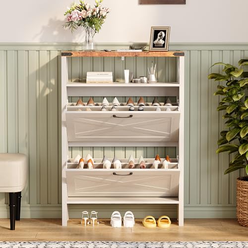 VINGLI Farmhouse Shoe Cabinet with 2 Flip Drawers, Slim Entryway Shoe Storage Organizer with Open Shelf, Freestanding Wood Shoe Rack for Hallway, Rustic White & Brown (31.5" W) - color: Rustic White + Vintage Brown, size: 31.5"W 2 Drawers