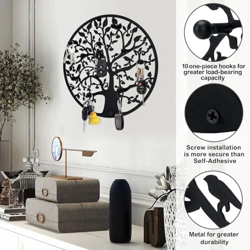 Round Decorative Home Key Holder Wall Mount, Metal Tree Car Key Rack for Wall Organizer for Keys, Wallets, Hats, Used for Decor for House Entryway, Kitchen, Garage, Office (12" Black) - color: 12" Black