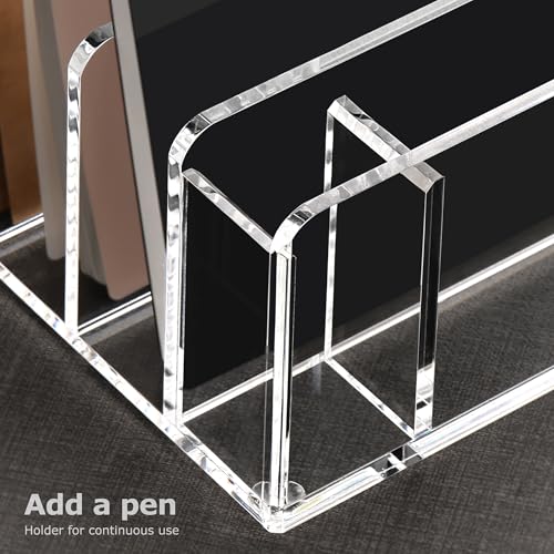 SANRUI Acrylic Mail Organizer, 5 Compartments File Holder for Desk, Letter Sorter with Pen Holder, Clear Countertop Document Sorter for Notebooks, Bills & Eyeshadow Palettes - style: 5 Sections with Pen Holder