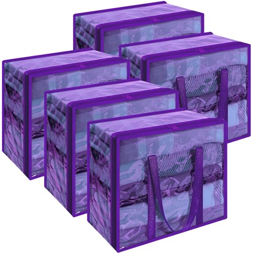 Vieshful Purple 40L Clear Clothes Storage Bag Colorful Clothes Organizer with Zipper Vinyl Storage Bag for Comforter, Blanket, Bedding, Duvet, Transparent Moving Totes 5 Pack - color: Purple-5 Pack, size: 40L