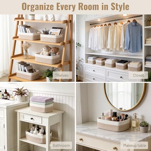 5 Pack Small Woven Storage Baskets for Shelves, Cotton Rope Baskets Organizer for Bathroom, Closet & Nursery, Decorative Storage Bins for Organizing Socks, Toys, 11.8"x7.9"x4.7", Khaki/White - color: Khaki & White