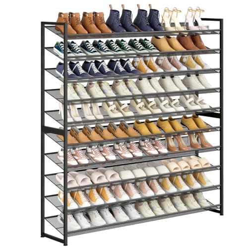 Large Shoe Rack 10 Tier Shoe Organizer, Heavy Duty Metal 5-Tier Stackable Shoe Storage Vertical Shoe Rack for Closet Front Door Entrance, Up to 62 Pairs, 44.8" W x 11.4" D x 71.2" H, Black - color: Black, size: 10 Tier