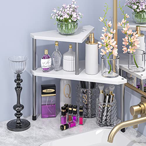 Weenson Bathroom Counter Organizer Over Sink for Toiletries Makeup, Kitchen Countertop Organizer Spice Rack for Salt, 2-Tier Corner Counter Shelf for Coffee Area Storage Dresser Table Bamboo - color: White
