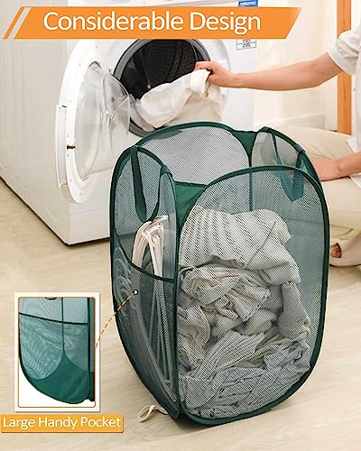 2 Pack Durable Collapsible Laundry Baskets - Reinforced Mesh Pop Up Laundry Hamper with Pocket, Foldable Dirty Clothes Hamper with Carry Handles for Laundry, Bathroom, Kids Room, Dorm or Travel Green - color: 2 x Green, size: Pop Vertical
