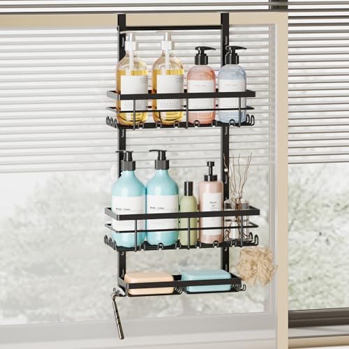 SWTYMIKI Over The Door Shower Caddy - 3 Tier Rustproof Hanging Shower Organizer with Adjustable Shelves, 28 Hooks & Soap Holder, Hanging Shower Rack Storage for Bathroom Accessories, Black - color: Black-3 Tier