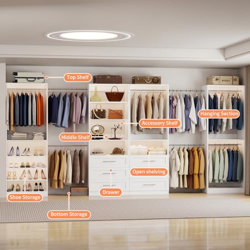 Closet System with 4 Sets, 8–21 FT Closet System with 6 Drawers, 9 Shelves & 8 Hanging Rods, Max 252″ Closet Organizer System for Walk in Closets, Modular Custom Wood Closet Kit, White