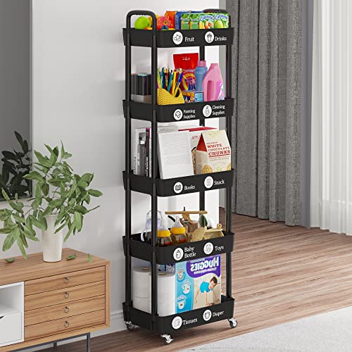 Laiensia Multifunction Utility Rolling Cart, 5-Tier Plastic & Metal Storage Organizer, Black, Lockable Wheels, Modern Style, Indoor Use - color: Black, size: 5-Tier