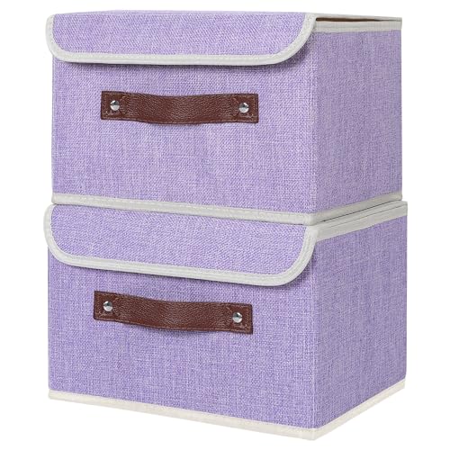 ANMINY 2PCS Storage Bins with Lid PU Leather Handles Storage Boxes PP Plastic Board Decorative Foldable Lidded Cotton Linen Fabric Home Cubes Baskets Closet Organizer Containers - Purple, Small Size - color: Purple, size: Small (Pack of 2)