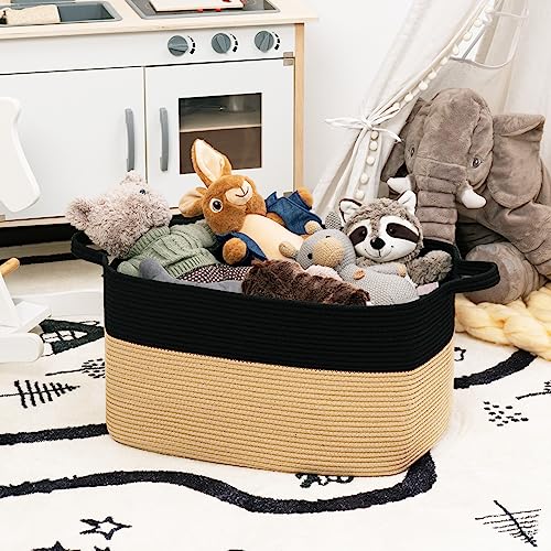 Goodpick Large Woven Storage Basket, 21.6" x 14.9" x 11.8" Rectangle Cotton Rope Laundry Basket with Handles, Baby Toy Blanket Storage for Living Room, Bedroom - color: Black Camel, size: Large(21.6"L x 14.9"W x 11.8"H)