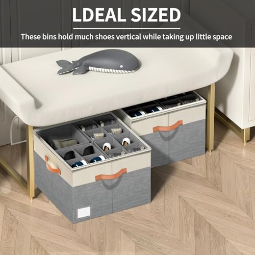 Aokeyee Shoe Organizer for Closet,2 Pack Foldable Shoe Storage Organizer Box Bin with Adjustable Dividers and Clear Cover, Fits up to 16-32 Pairs - color: Beige with Grey, size: 2 PCS