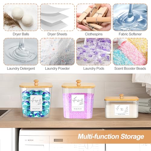 COAZEX 3 Pack Plastic Laundry Pods Container & Dryer Sheet Holder, Laundry Room Organization and Storage Jars with Lids, Scoops & Labels for Detergent, Powder, Scent Booster - color: D-2+1 Pack