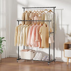Calmootey Double Rods Clothes Garment Rack, Rolling Clothing Rack for Hanging Clothes, Coat Storage, Organizer for Bedroom, Livingroom, Apartments, Black