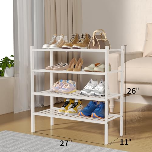 ROMGUAR CRAFT 4 Tier Bamboo Shoe Rack for Closet Free Standing Wood Shoe Shelf for Entryway Small Space Stackable 27"x11"x26" (White) - color: White, size: 4 tier