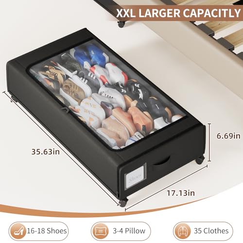 XXXXL Extra Long Under Bed Storage with Wheels,BIGGEST Size Available(66L) under the bed storage Organizer with Lid&Label,Rolling Under the bed Metal Drawer for Clothes,Shoes,Toys(36x17x 6In)