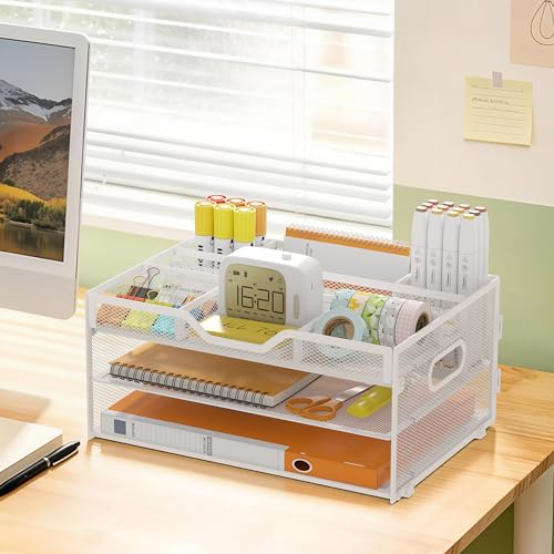 3-Tier Letter Paper Tray Desk Organizer, White Desktop File Rack Holder with 3 Drop in Pencil Holder and Sliding Tray for Office Classroom and Home Supplies Organization Storage - color: White-3