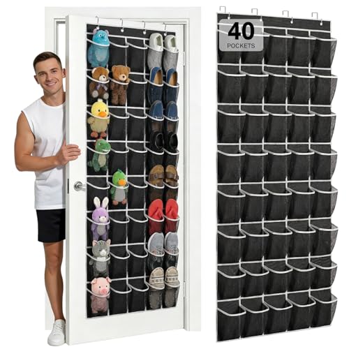 40-Pocket Over the Door Shoe Organizer - Large Mesh Pocket Hanging Shoe Organizer,Behind the Door Shoes Storage Holder Hanger (Black-W) - color: Black-W