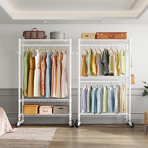 VIPEK R2 Heavy Duty Rolling Garment Rack 3 Tiers Adjustable Clothes Racks with Double Rods & Hooks, Freestanding Wardrobe Closet Storage Rack Metal Clothing Racks for Hanging Clothes, White - color: White, size: R2