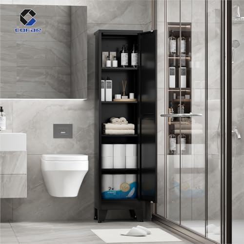COFaR 67'' Tall Slim Bathroom Storage Cabinet, Metal Narrow Pantry Cabinet with 4 Adjustable Shelves and One Door, Skinny Cabinet Storage for Kitchen Laundry, Black Farmhouse 5 Tiers - color: Black, size: 67 Tall 1 Door
