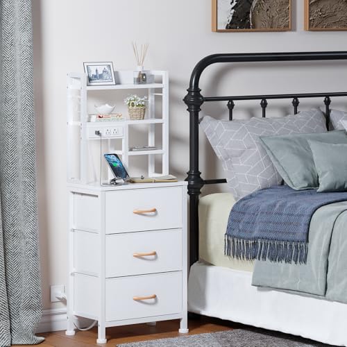 Furnulem Tall Nightstand with LED Lights and 3 Tier Shelves, Night Stand with 3 Fabric Drawers, 45.3inch Tall Bedside Tables with USB Ports and Outlets in Bedroom, Dorm, Office (White) - color: White, size: 3 Drawer